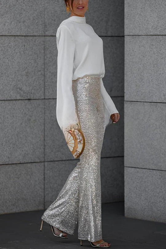 Pantalón Flare Brillo Plateado
